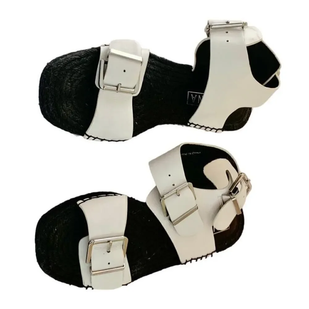 White Leather Buckled Black Espadrille Platform Sandal Sol Sana Size 6